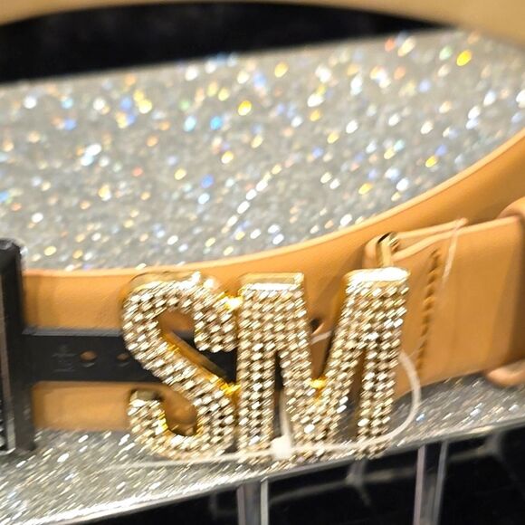 Steve Madden SM Rhinestone Logo Belt- Tan main image 4
